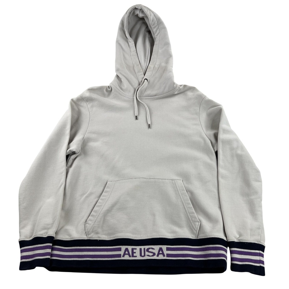 American Eagle AE USA Striped Hem Hoodie Womens M Gray Purple Pullover Top